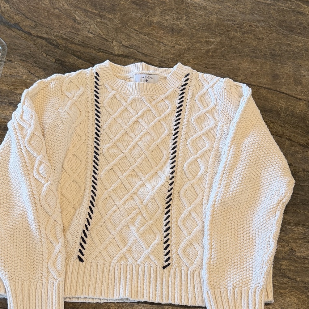 La Ligne Cream Cable Knit Sweater with Black Stripes